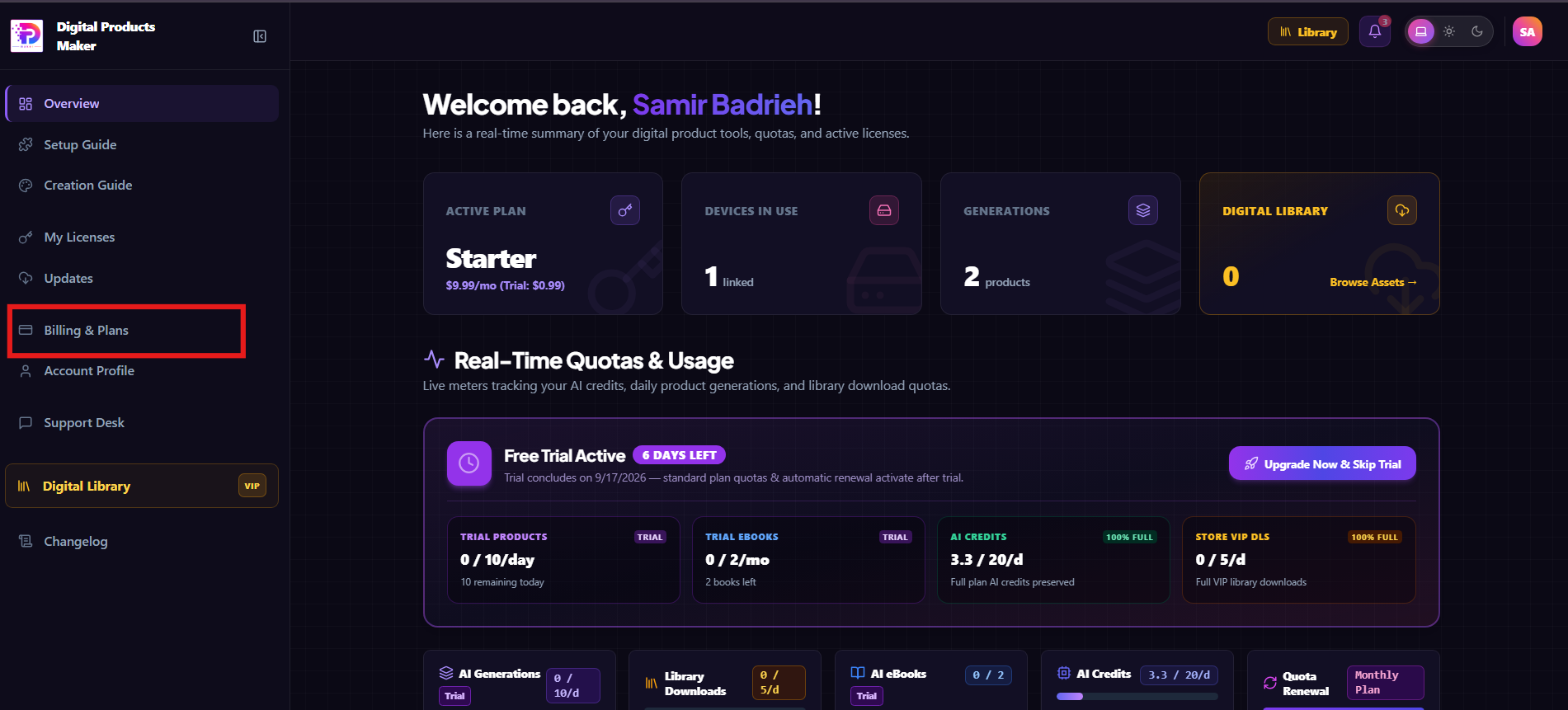 Navigate to Billing and Plans in the sidebar
