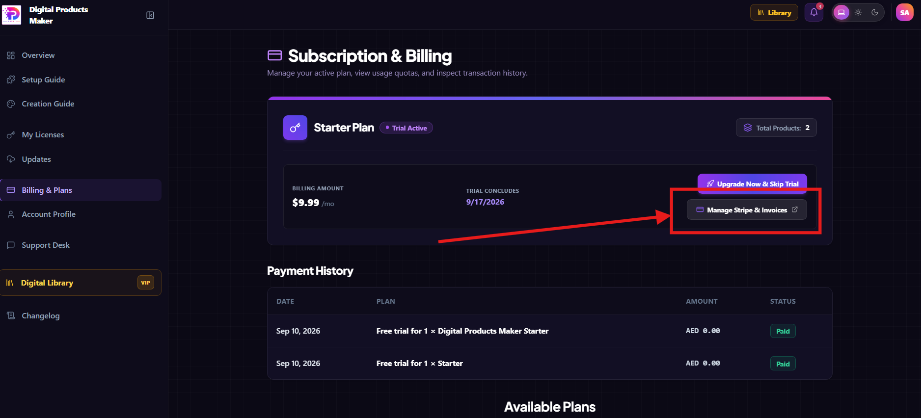 Click Manage Stripe and Invoices