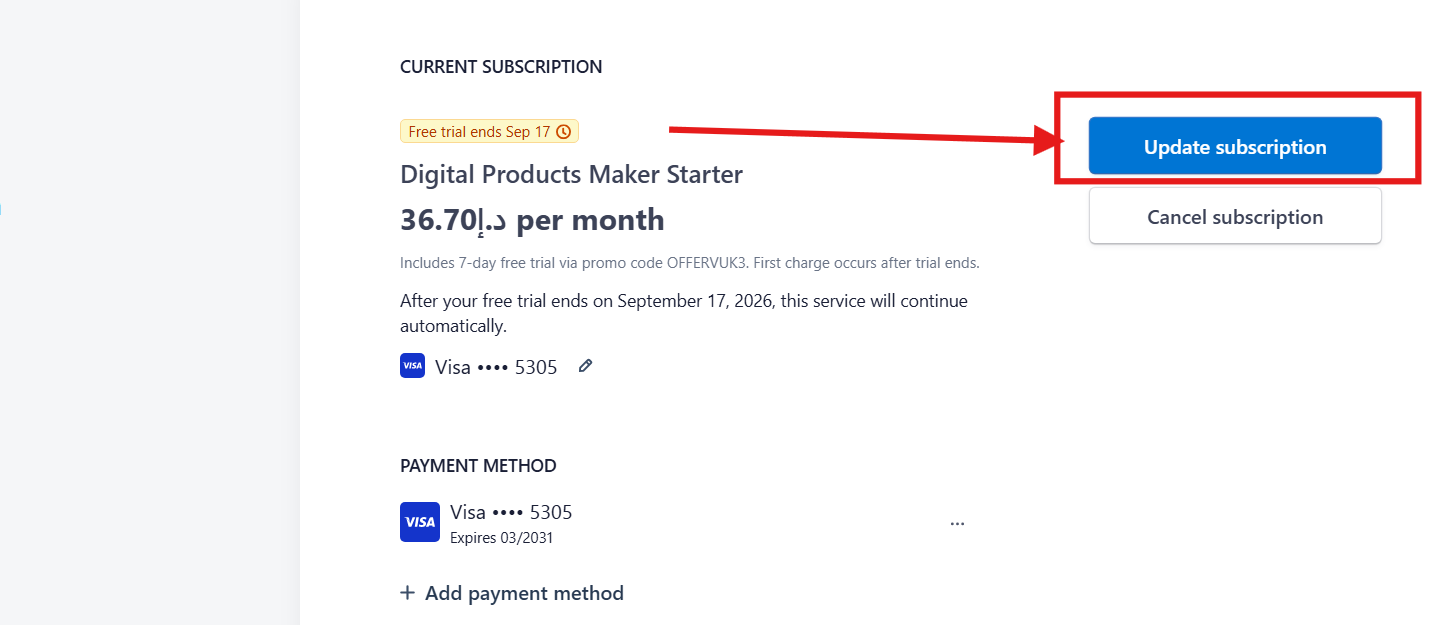 Click Update subscription button in Stripe