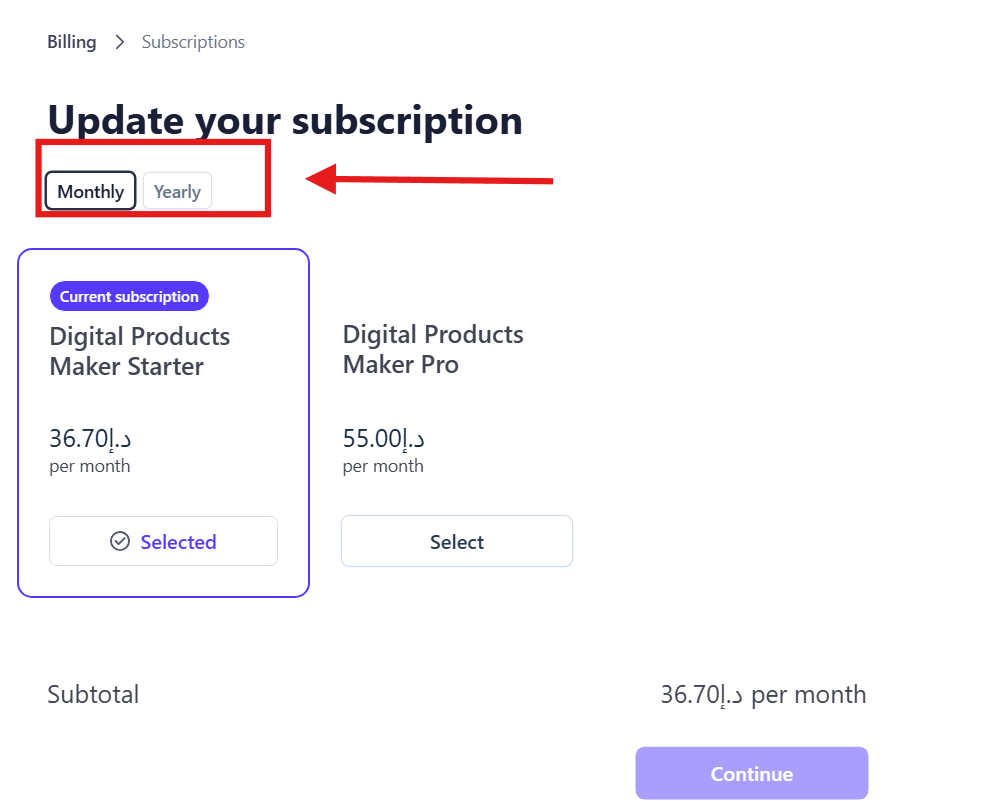 Select Pro Monthly and click Continue