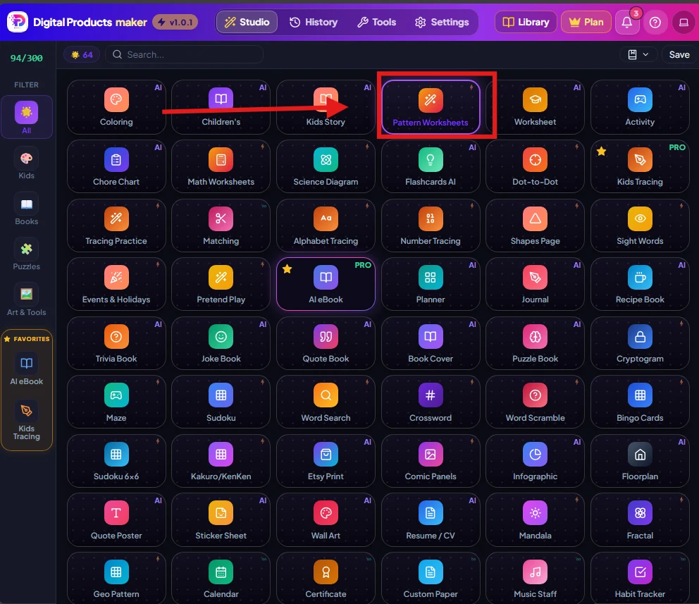 Selecting Pattern Worksheets tool from the studio dashboard Selecting Pattern Worksheets tool from the studio dashboard
