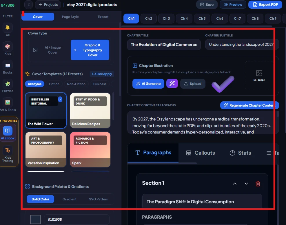 Interactive visual editor with chapter tabs and typography controls Interactive visual editor with chapter tabs and typography controls