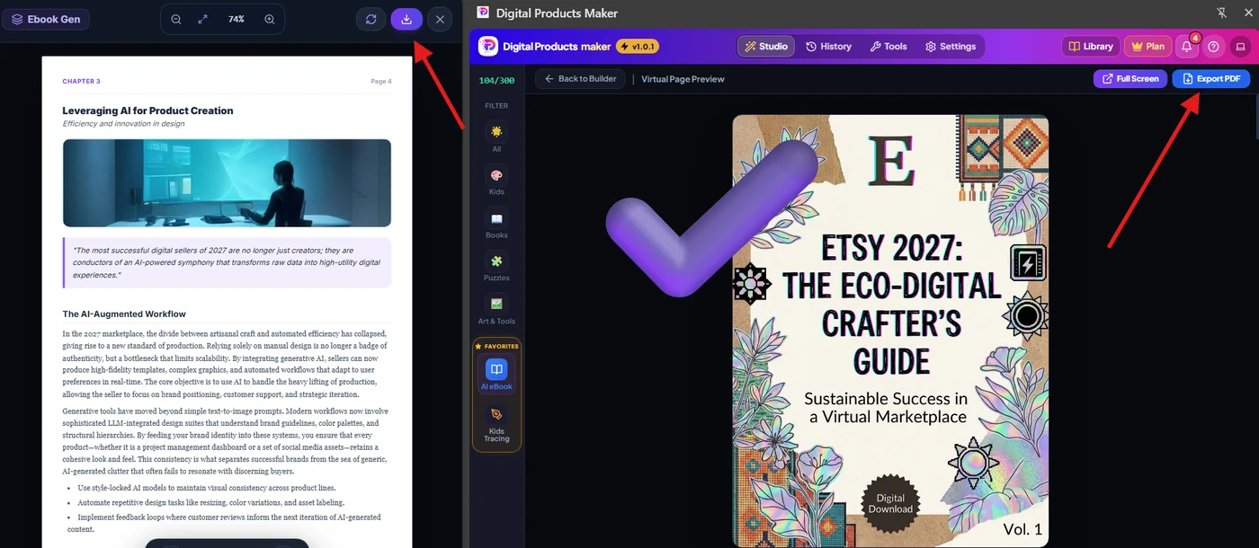 Virtual page preview and 1-click Export PDF button Virtual page preview and 1-click Export PDF button
