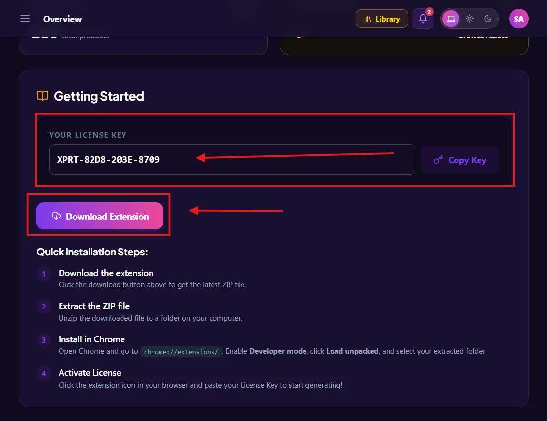 Dashboard - Copy License Key and Download Extension Dashboard - Copy License Key and Download Extension