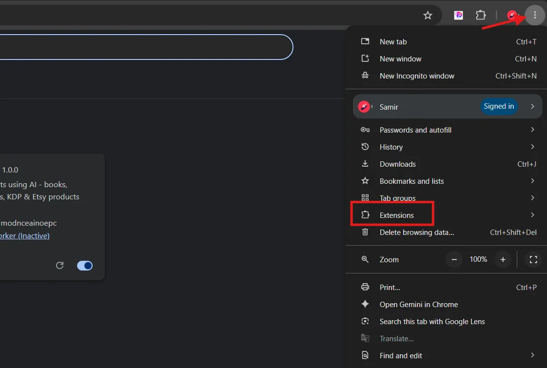 Open Chrome Menu and Hover Over Extensions Open Chrome Menu and Hover Over Extensions