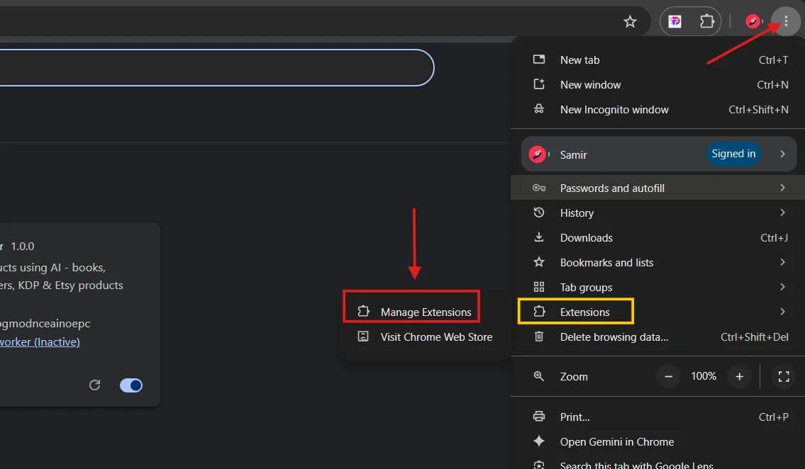 Click Manage Extensions Click Manage Extensions