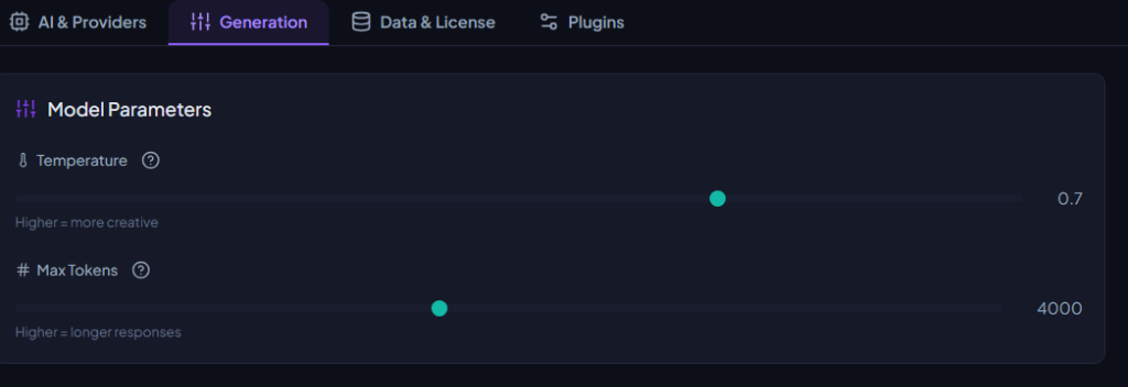 Digital Products Maker Generation Settings Temperature and Max Tokens Parameters